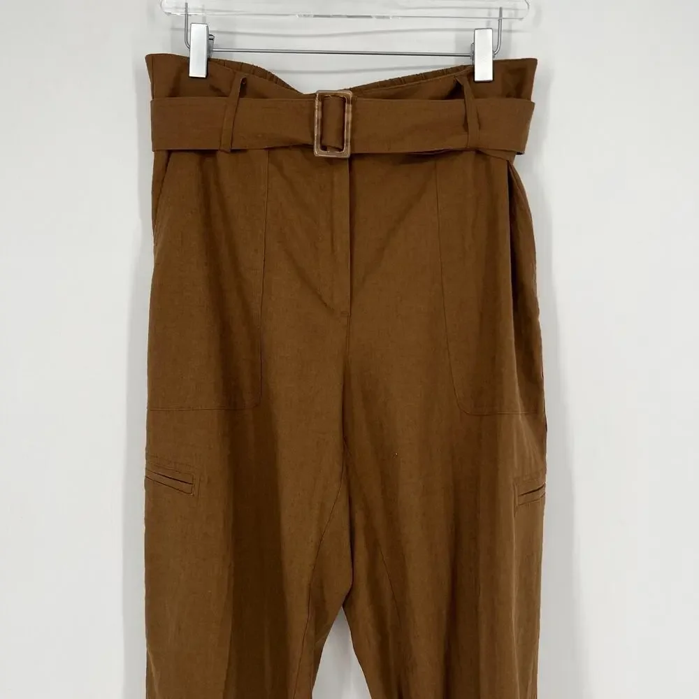 Rachel‎ Zoe Pants Womens 12 Brown Linen Blend Tapered Classic Boho Basic - Picture 2 of 7